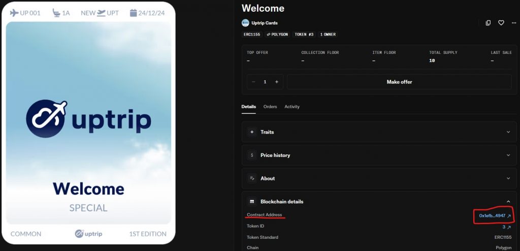 Detailed View of a fraudly Uptrip NFT card